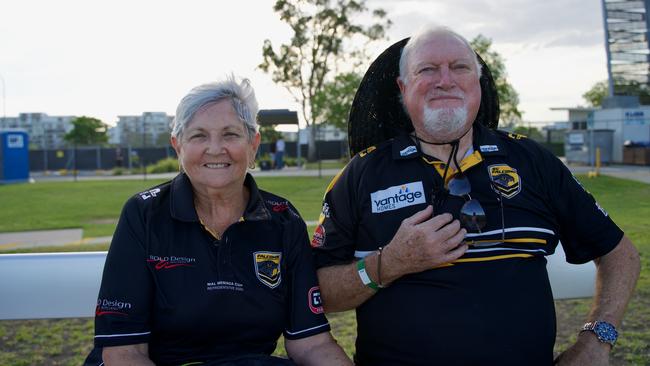 Sandra and Roger Tilbrook (grandparents of Mason Peut from the Falcons) at Sunshine Coast Stadium on Sunday, February 12, 2023. Picture: Katrina Lezaic