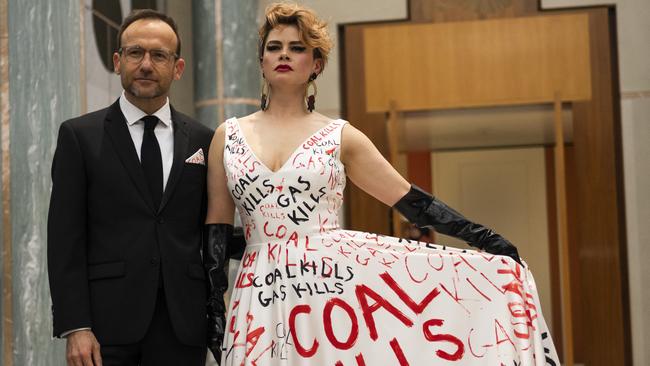 Greens leader Adam Bandt and wife Claudia Perkins, protesting against coal and gas, arrive at the Midwinter Ball at Parliament House in Canberra. Picture: NCA NewsWire / Martin Ollman