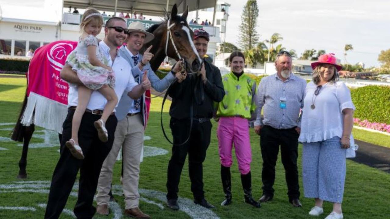 Trainer Adam Simpson celebrates the win of Miss Divine Em in the 2022 Pink Ribbon Cup on the Gold Coast. Picture: Racing Queensland.