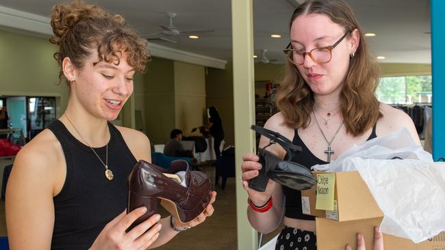 Richmond River High School captain Lily Shepherd and Bonnie Bennett checking out the foot wear from Wittner Shoes at the Lismore Showgrounds.