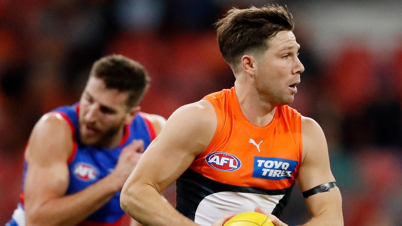 Toby Greene of the Giants in action during the 2022 AFL Round 14 match between the GWS Giants and the Western Bulldogs at GIANTS Stadium.