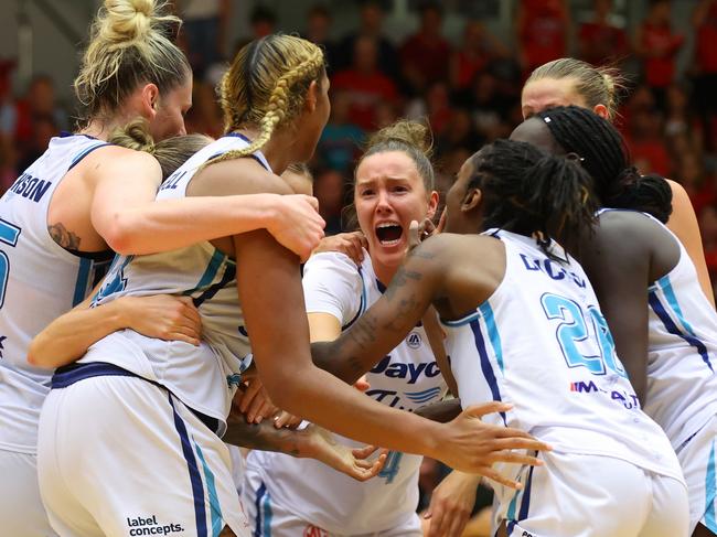 PERTH, AUSTRALIA - MARCH 14: Southside Flyers celebrate the win during game two of the WNBL Grand Final series between Perth Lynx and Southside Flyers at Bendat Basketball Stadium, on March 14, 2024, in Perth, Australia. (Photo by James Worsfold/Getty Images)