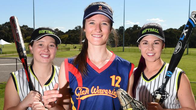 Waverley Softball Association is celebrating it's 50th season. (From left) Sheree Wood (Brandon Heights), Alys Young (Glen Waverley), Emma Boldeman (Brandon Heights). Picture: Josie Hayden