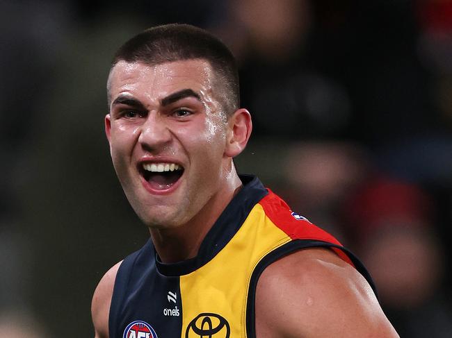 MELBOURNE, JULY 19, 2024: 2024 AFL - Round 19 - Essendon Bombers v Adelaide Crows at Marvel Stadium. Josh Rachele of the Crows celebrates a goal. Picture: Mark Stewart