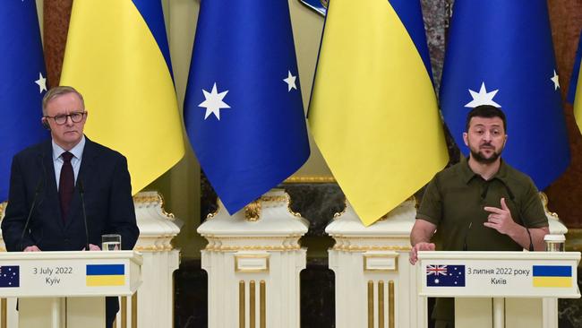 Ukrainian President Volodymyr Zelensky and Anthony Albanese give a press conference at Mariynsky Palace following a meeting in Kyiv in July. Picture: AFP.