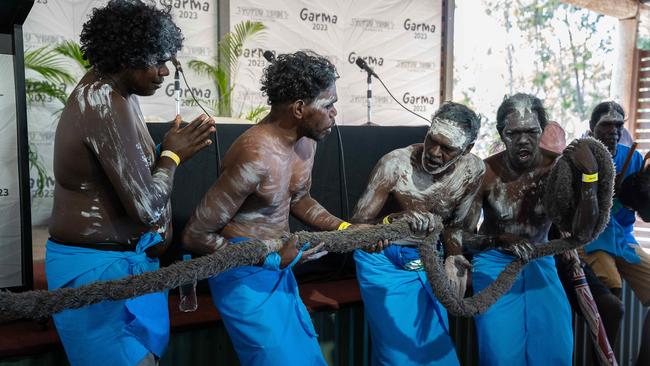 Ceremonial opening of Garrtjambal Auditorium bringing in Guwak, the Ancestral Nightbird dance at the Garma Festival 2023. Picture: Pema Tamang Pakhrin