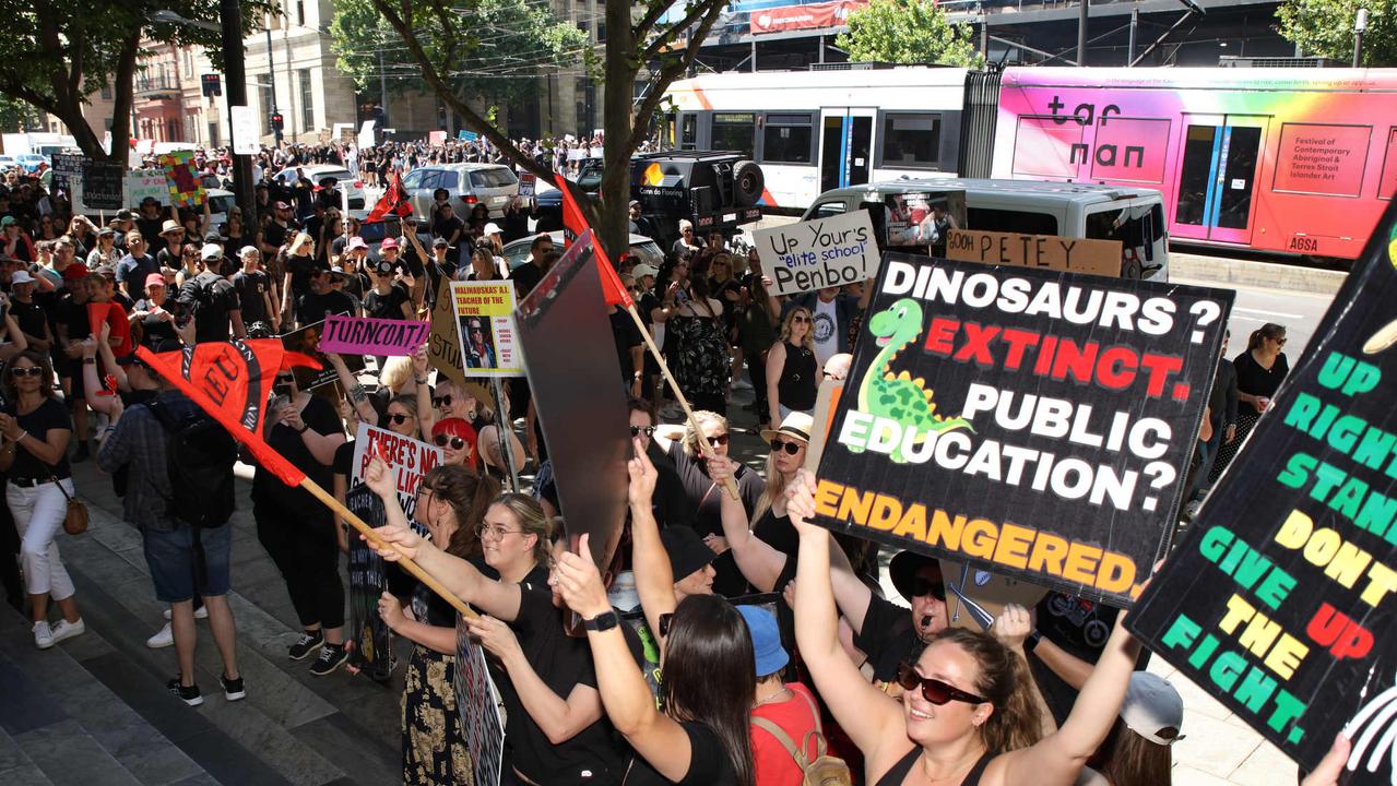 South Australian Educators on strike gathered at the Department for Education, on Flinders Street, during exam time in 2023. Picture: NCA NewsWIRE / Emma Brasier