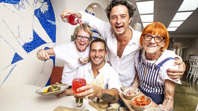 Ironman Matt Poole with business partner Oliver Frost, with whom he opened Maman in Burleigh Heads. Also pictured is co-owner Karen Fines (left), who is also Mr Frost’s mother and Lizzie Fines who is his aunt. Picture: Nigel Hallett