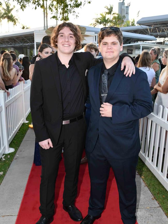 Aidan Archibald and Nathan Holowaty at the 2023 Caloundra State High School Year 12 formal. Picture: Patrick Woods.