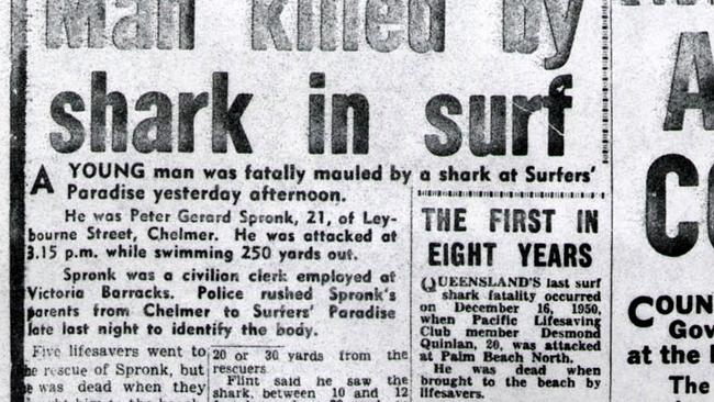 Front page of the Courier Mail on the 24 November 1958, shark attack on victim Peter Gerard Spronk, 21 at Surfers Paradise. \