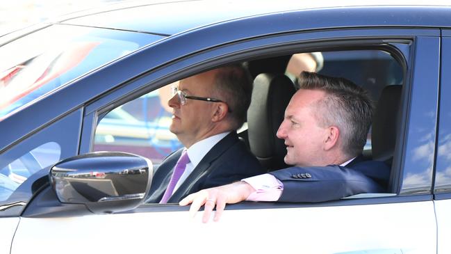 Albanese and Bowen test drive an electric car in Liverpool. Picture: NCA NewsWire / Jeremy Piper