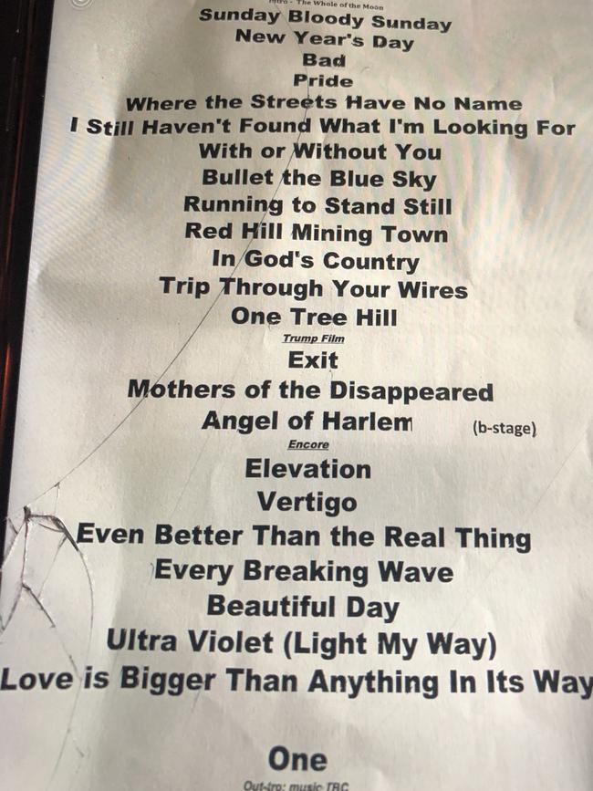 Set list from U2 in Auckland, New Zealand on the first leg of their Antipodean tour. Picture: Kathy McCabe.