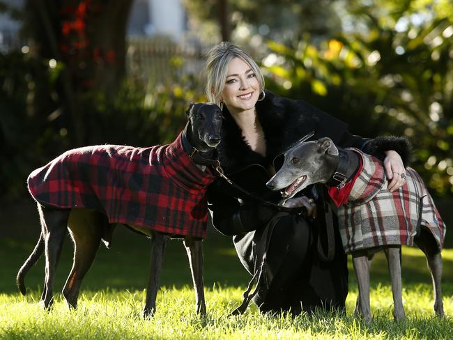 Stylist Erin Paige Stevenson from Dolly Up Vintage Clothing, in Centennial park with her rescue Greyhounds Harry and Pixie.  Why I love my suburb. Picture: John Appleyard