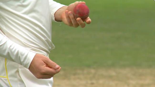 Cameras were told to track the cherry. Cameron Bancroft with the piece of tape. Picture: Fox Sports