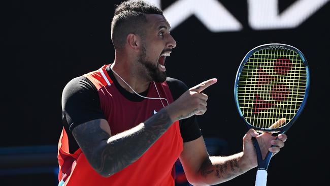 Nick Kyrgios reacts to a winner during the first set. Picture: Getty Images