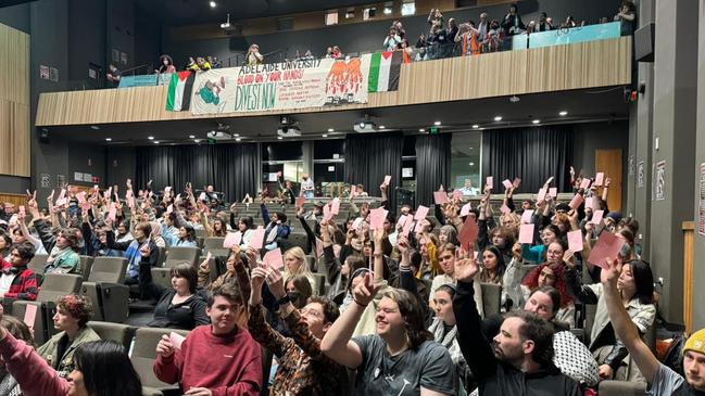 About 200 students voted on the anti-Israel motion at a general meeting at Adelaide University on Monday. Picture: AFOPA