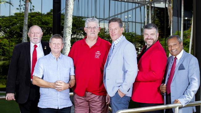 Six of the seven mayoral candidates for Logan City Council: Allan de Brenni, Brett Raguse, John Freeman, Darren Power, Stewart Fleming and Paul Taylor at Wembley Road, Logan Central. AAP /Renae Droop