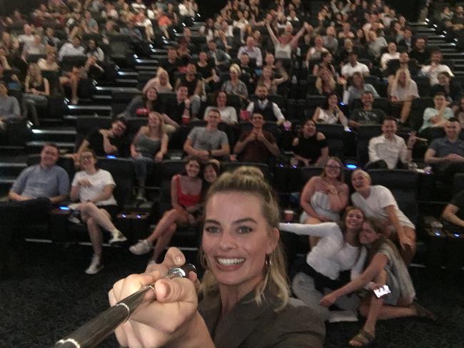 Star and producer of I, Tonya, Margot Robbie, took a selfie with Sydney moviegoers during a special screening of I, Tonya. Picture: Supplied