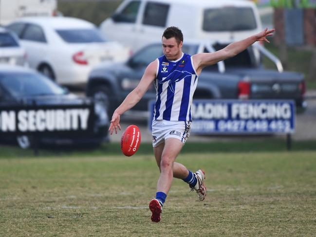 Jesse Murphy (right) of Langwarrin is seen in action during the MPNFL Division 2 match at Pearcedale Recreation Reserve, Pearedale, Victoria, Saturday, April 21, 2018. Pearcedale v Langwarrin. (AAP Image/James Ross) NO ARCHIVING