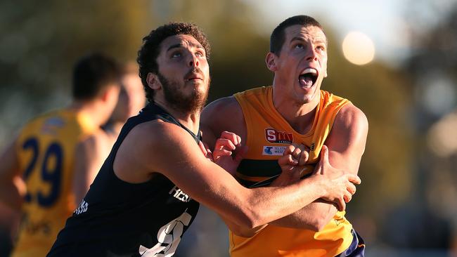 Marc Borholm (right) during his SANFL days with Woodville-West Torrens. Picture: Dean Martin