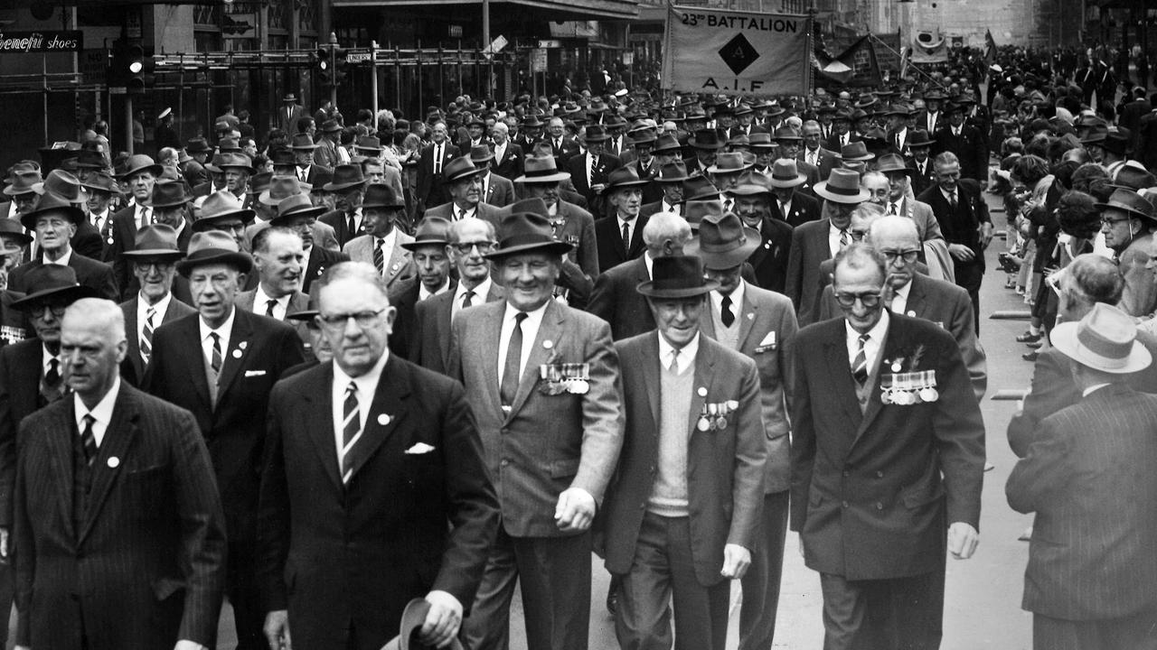 An Anzac Day march in Swanston St, Melbourne, Victoria in 1963.