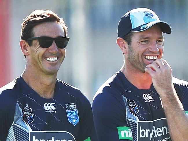 Andrew Johns, Danny Buderus and Greg Alexander during the NSW Blues training session at NSWRL Centre of Excellence, Sydney Olympic Park. Picture. Phil Hillyard