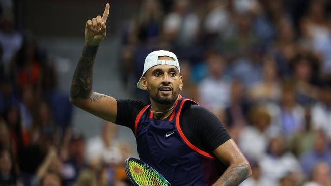 Nick Kyrgios celebrates after thinking he had won a point. Picture: Getty Images