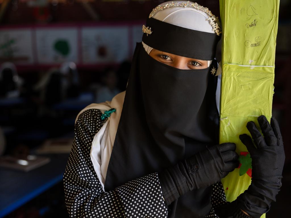 Noor Hasina, 12 Wants to be a doctor. Olympian Emma McKeon, a UNICEF Australia ambassador, visits classrooms inside the world's largest refugee camp, Cox's Bazar, Bangladesh. Picture: Jason Edwards