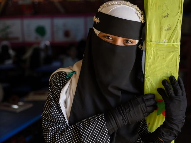 Noor Hasina, 12 Wants to be a doctor. Olympian Emma McKeon, a UNICEF Australia ambassador, visits classrooms inside the world's largest refugee camp, Cox's Bazar, Bangladesh. Picture: Jason Edwards