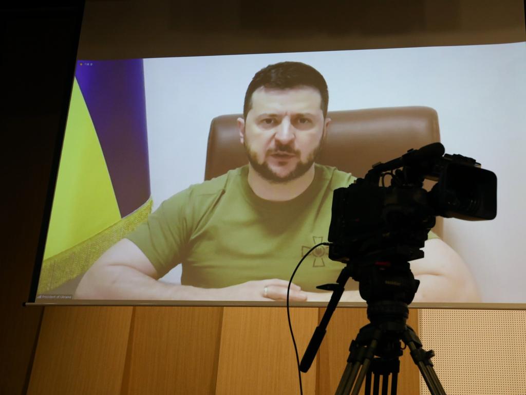 Ukrainian President Volodymyr Zelenskyy addresses the South Korean parliament via video link at the National Assembly in Seoul. Picture: Getty Images