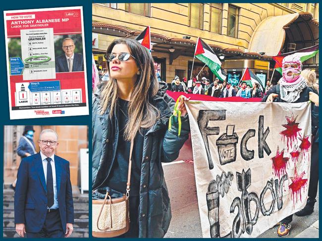 Clockwise from top left, Anthony Albanese’s how-to-vote card; Hannah Thomas, the Greens candidate for Grayndler; and the Prime Minister on Tuesday. Picture: Aaron Francis / NewsWire