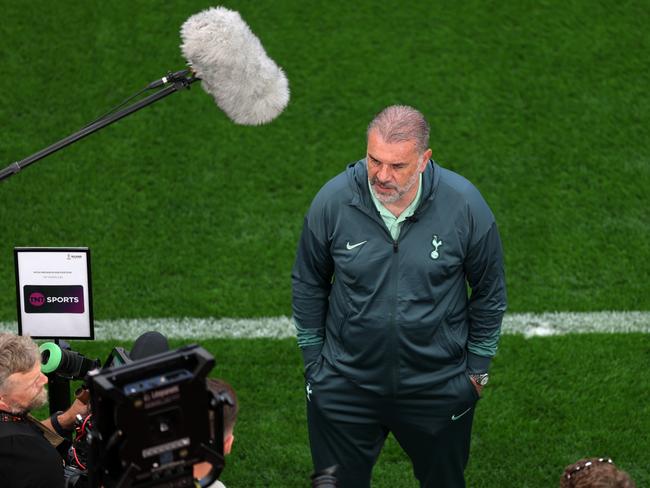 Ange Postecoglou, Manager of Tottenham Hotspur, is interviewed prior to a press conference ahead of the UEFA Europa League Final 2025. Picture: Carl Recine/Getty Images