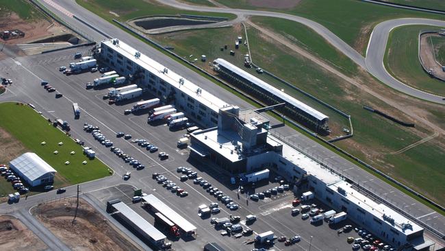 Aerial drone pit lane and hotel at The Bend Motorsport Park. Picture: Supplied