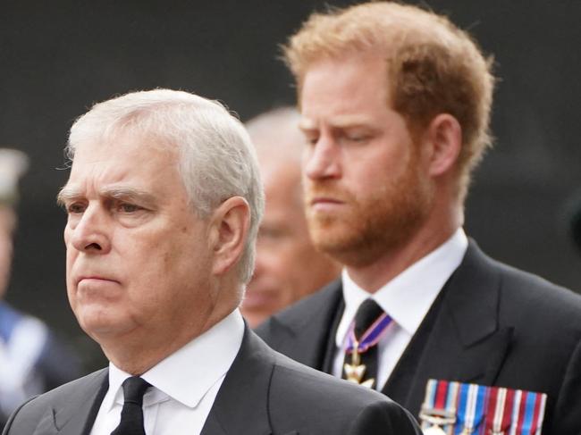 Britain's Prince Andrew, Duke of York (L) and Britain's Prince Harry, Duke of Sussex arrive at the State Funeral of Queen Elizabeth II, held at Westminster Abbey, London on September 19, 2022. (Photo by James Manning / POOL / AFP)