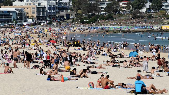 Crowds of beachgoers are seen at Sydney’s Bondi Beach on Sunday. Picture: NCA NewsWire/Bianca De Marchi