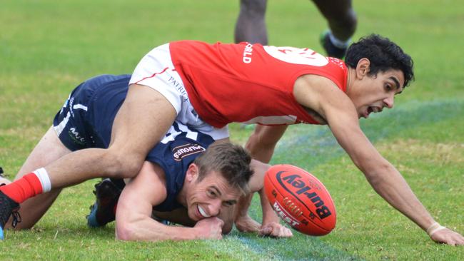 A rare moment when the Roosters and Keanu Miller got on top of the Panthers and Joel Cross. Picture: Brenton Edwards/AAP