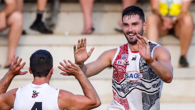 Southern Districts forward Jarrod Brander celebrates a goal in the 2022-23 NTFL season. Picture: Celina Whan / AFLNT Media