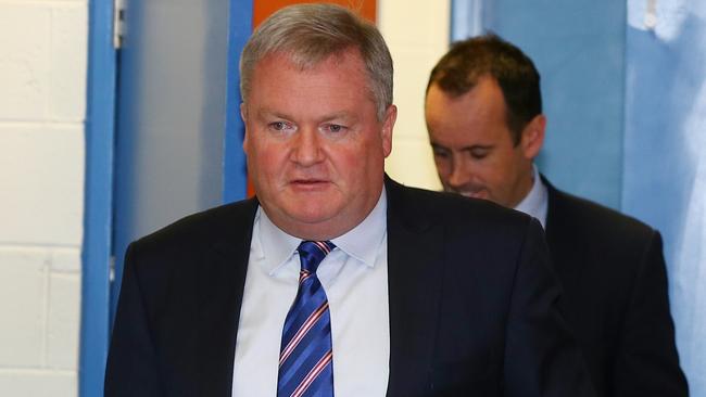 Western Bulldogs president Peter Gordon and then CEO Simon Garlick prepare to face the media after the sacking of Brendan McCartney. Picture: Michael Klein