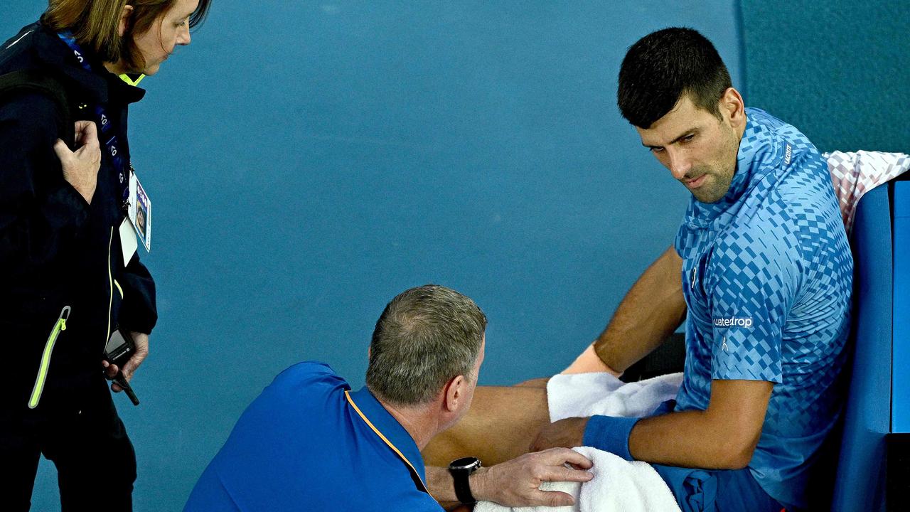 Novak Djokovic takes a medical time out during his clash with Grigor Dimitrov. Picture: AAP