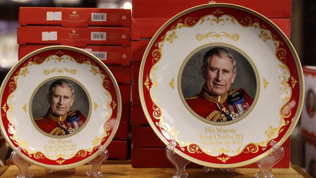 King Charles III plates for sale ahead of his coronation. Picture: Getty Images.