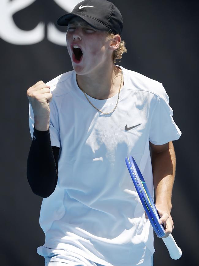 C’monnnnn! Cruz Hewitt celebrates winning a point against Nikoloz Basilashvili in his Australian Open qualifying match. Picture: Michael Klein