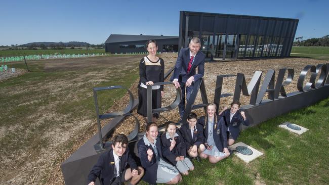 Principal Russell Deer and teacher Julia Padgett with students at Braemar College. Picture: Rob Leeson