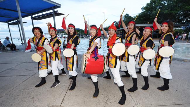 The Cairns and District Chinese Association ended their Year of the Snake lunar new year festivities with the lantern festival at the Cairns Esplanade forecourt. Maki McCarthy, Hiromi Aslin, Rina Niwa, Yuka Nakamura, Chee Tanaka, Yumi Namba, Aki Murao and Rika Oawa of the Akabanaa Eisaa drumming group had their first public performance at the festival. Picture: Brendan Radke