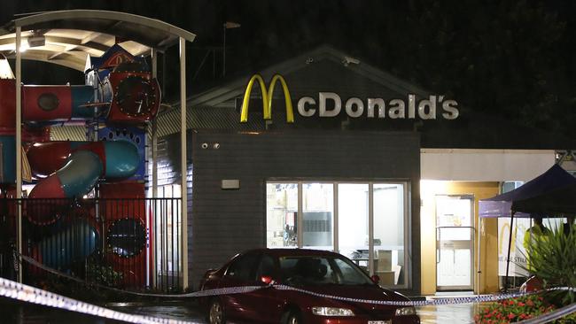 Police at the scene of a shooting at a McDonald’s at Marsden. Picture: Josh Woning