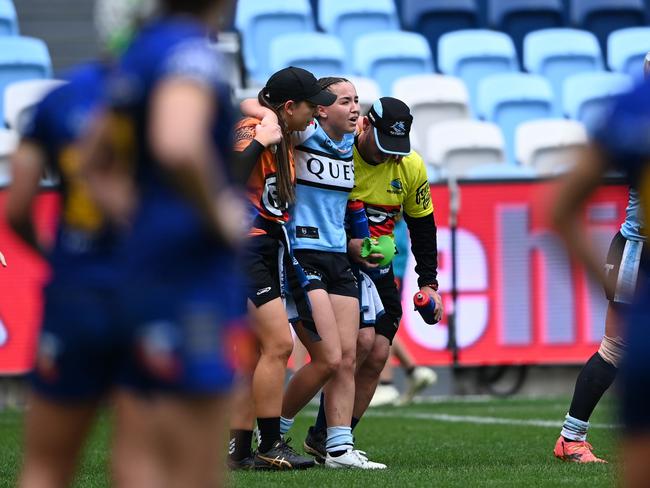 Cronulla Sharks star Jada Taylor is taken from the field with an ACL injury suffered during their NRLW clash with the Parramatta Eels. Picture: NRL Photos