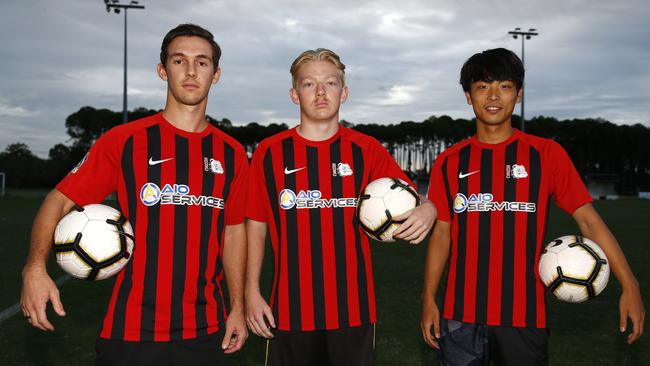 Burleigh Heads players James Ellins, Beckham Casey and Shinnosuke Kobayashi at training. Picture: Tertius Pickard