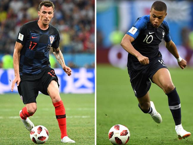 Key duel ... Croatia’s Mario Mandzukic (left) and France’s Kylian Mbappe. Photo: AFP