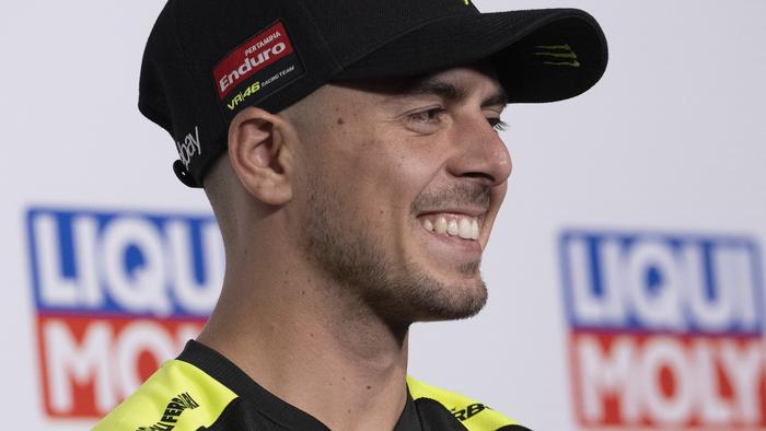 HOHENSTEIN-ERNSTTHAL, GERMANY - JULY 04: Fabio Di Giannantonio of Italy and Pertamina Enduro VR46 Racing Team 
 smiles during the press conference pre-event during the MotoGP Of Germany - Previews at Sachsenring Circuit on July 04, 2024 in Hohenstein-Ernstthal, Germany. (Photo by Mirco Lazzari gp/Getty Images)