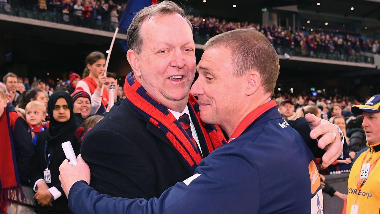 Glen Bartlett and Simon Goodwin embrace after a Melbourne win in 2018. Picture: Getty Images