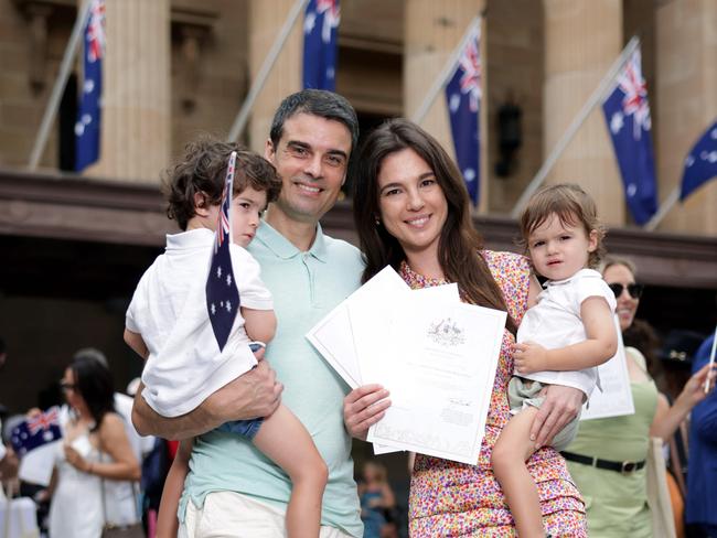 Victor Martinez with Raquel Gomez and kids Alex and Nico Martinez outside City Hall in Brisbane. Picture: Steve Pohlner